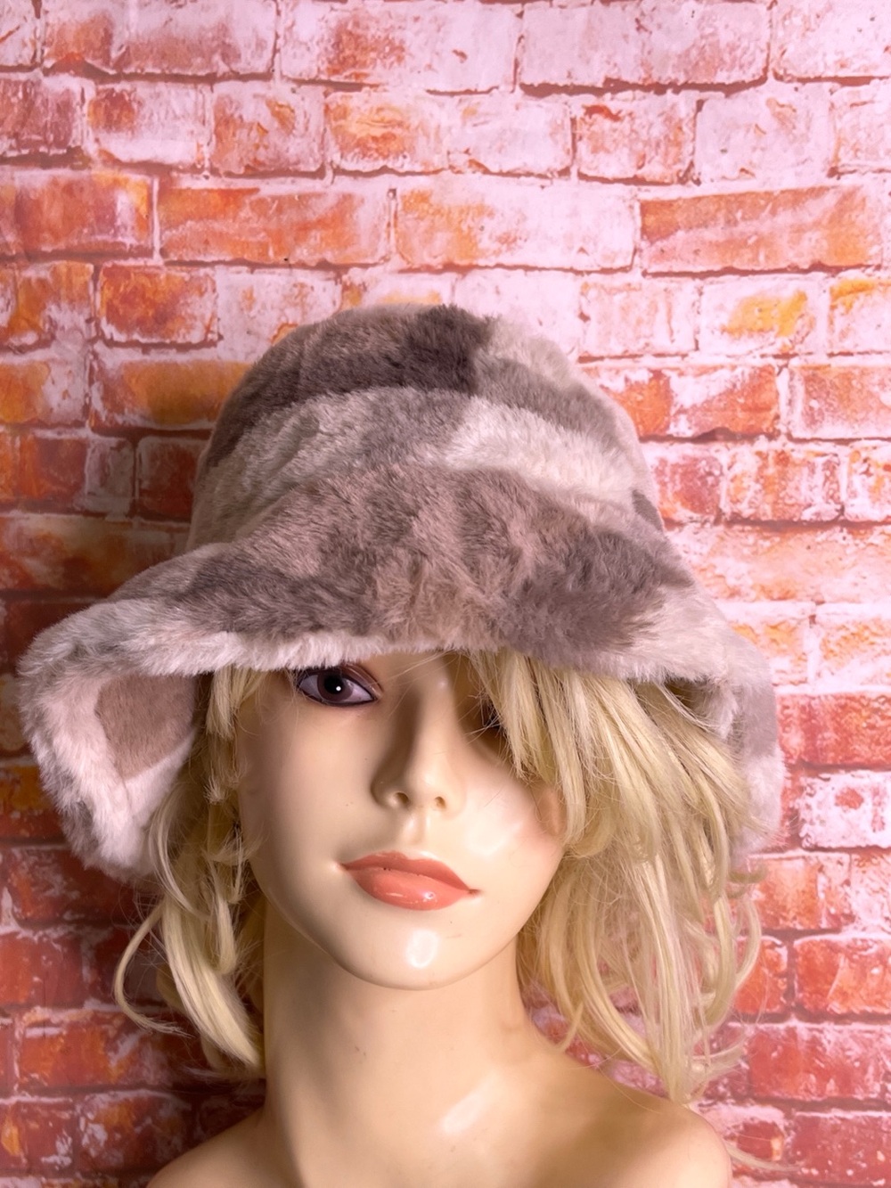Plush  Retro Hippie  Fur Bucket Hat in Taupe and Cream
